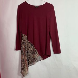 DG2 long sleeve. Asymmetrical hemline. Burgundy, floral & paisley print
